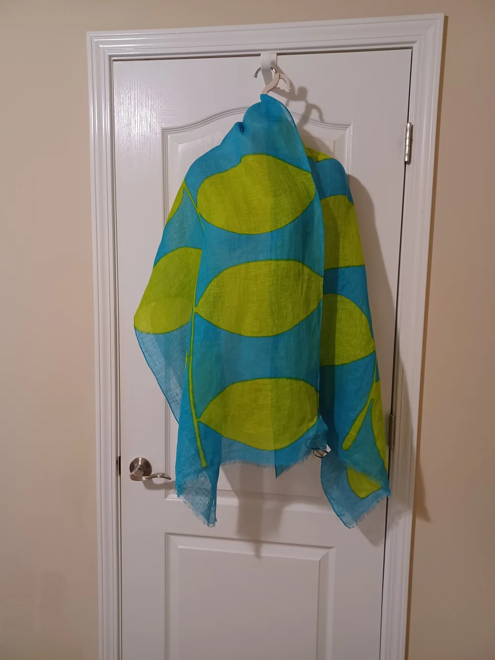100% Linen Turquoise and Lime Leaf-Print Lightweight Scarf